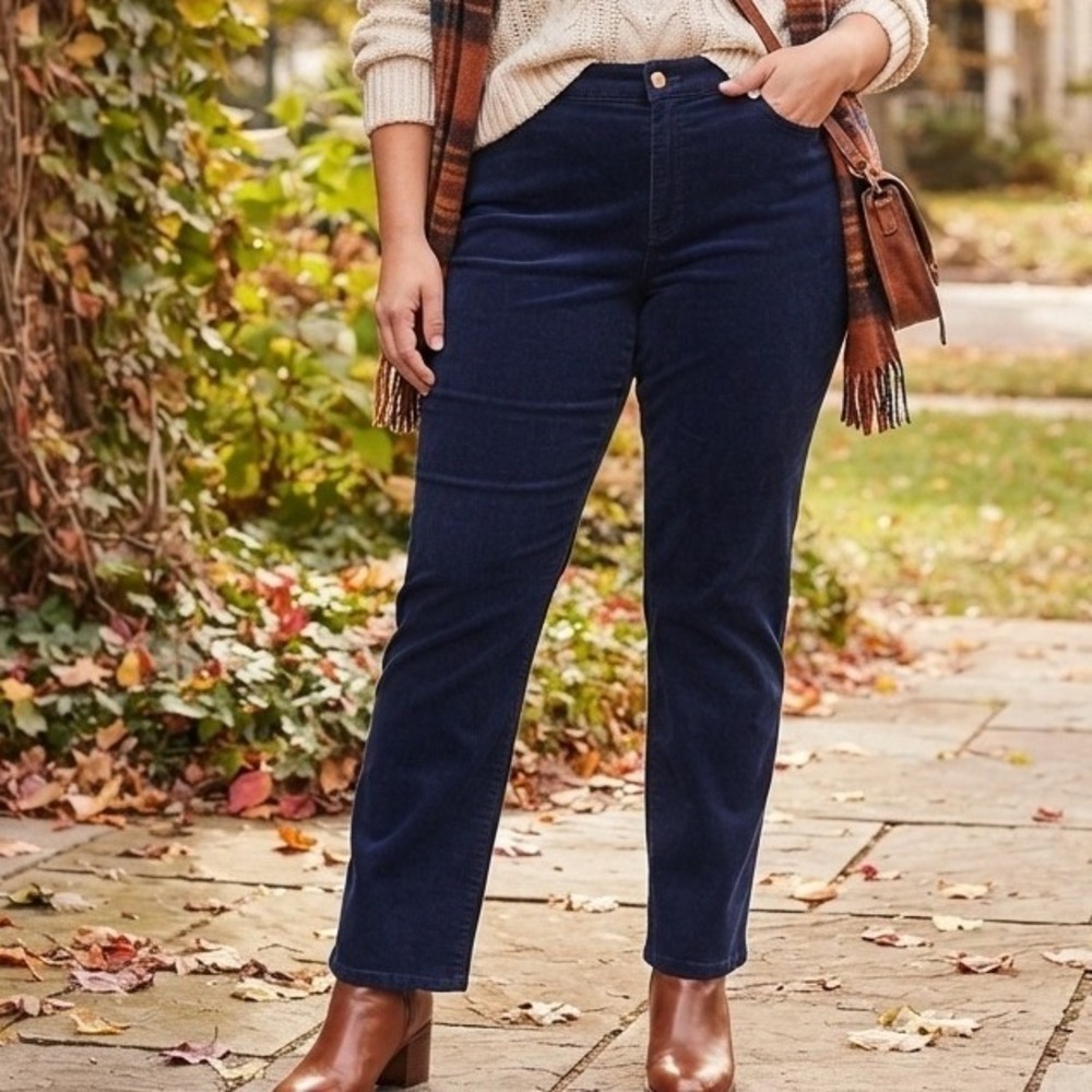 Woman Within Corduroy 3x Pants Navy wide leg Stretch Cotton Tall 24W academia